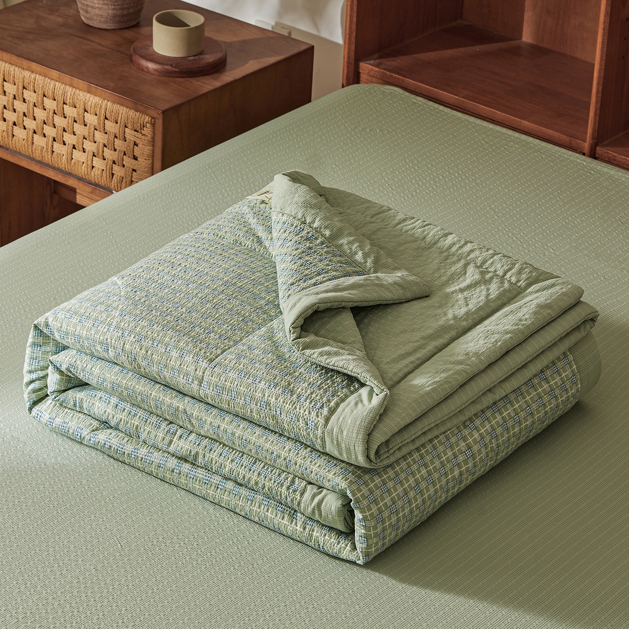 91家纺网 家纺一手货源 找家纺 熙宴家纺 2026新款云感泡芙棉花夏被四件套 绿方格