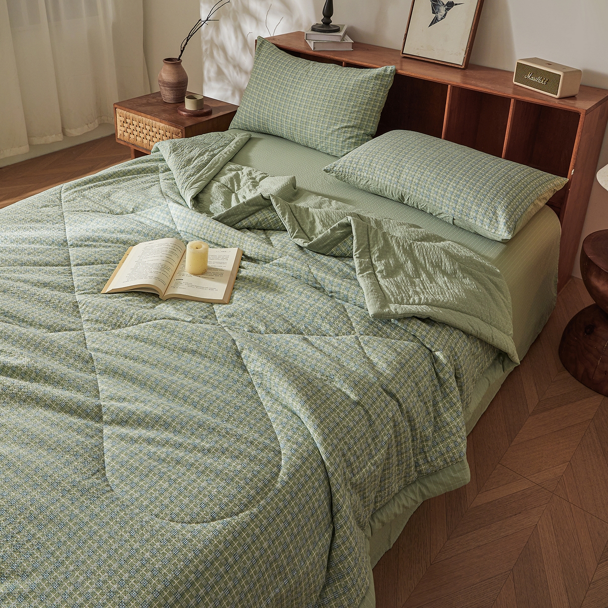 91家纺网 家纺一手货源 找家纺 熙宴家纺 2026新款云感泡芙棉花夏被四件套 绿方格