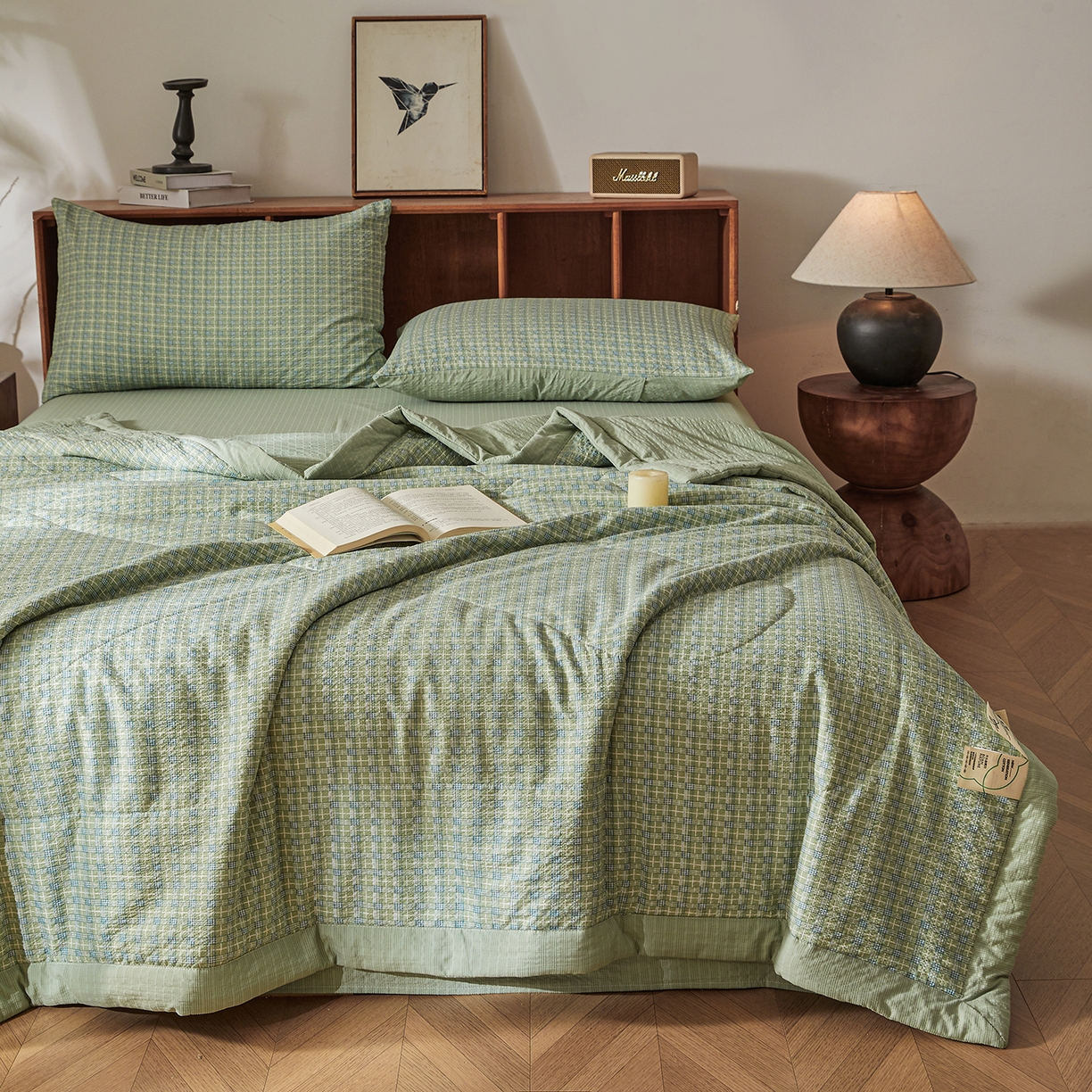 91家纺网 家纺一手货源 找家纺 熙宴家纺 2026新款云感泡芙棉花夏被四件套 绿方格