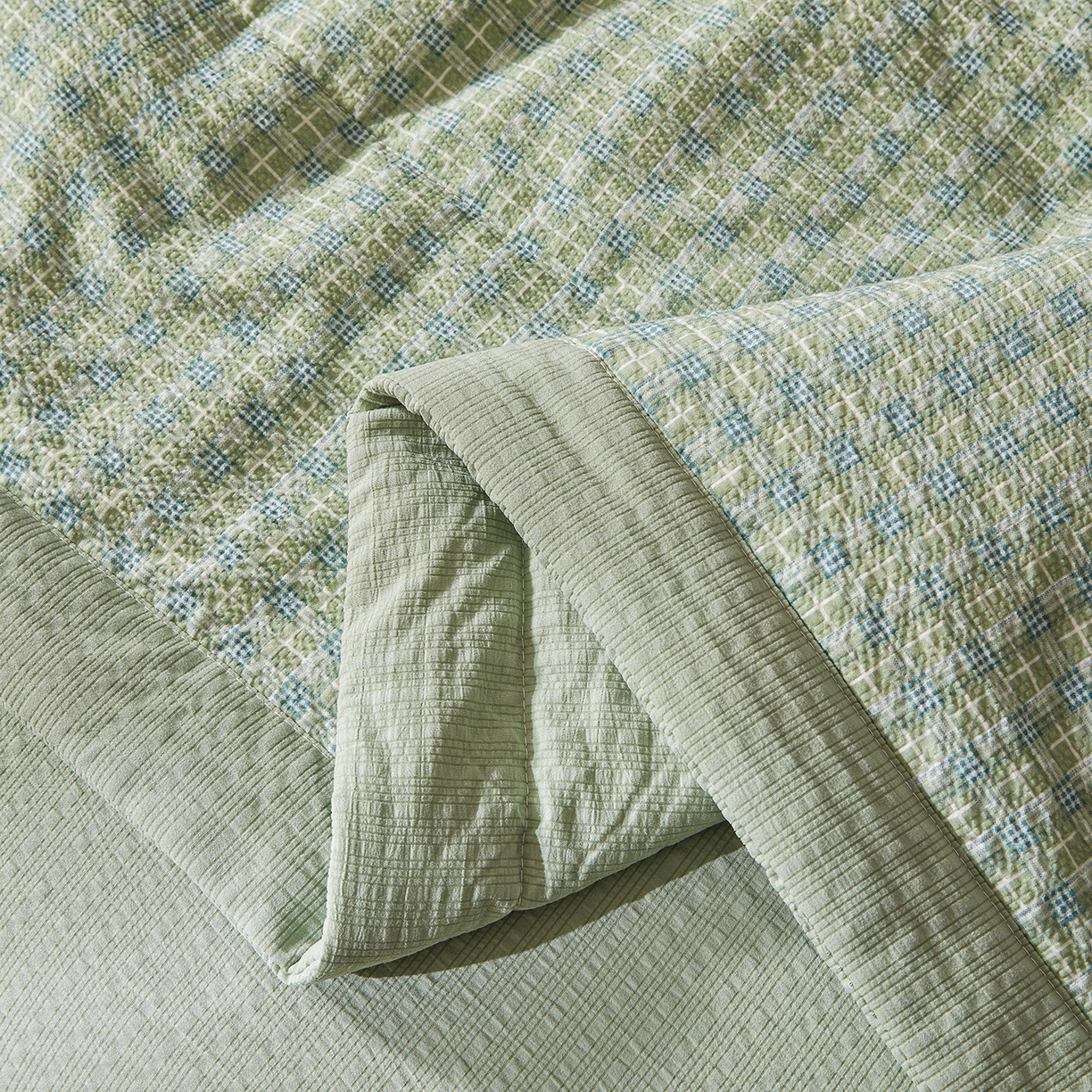 91家纺网 家纺一手货源 找家纺 熙宴家纺 2026新款云感泡芙棉花夏被四件套 绿方格