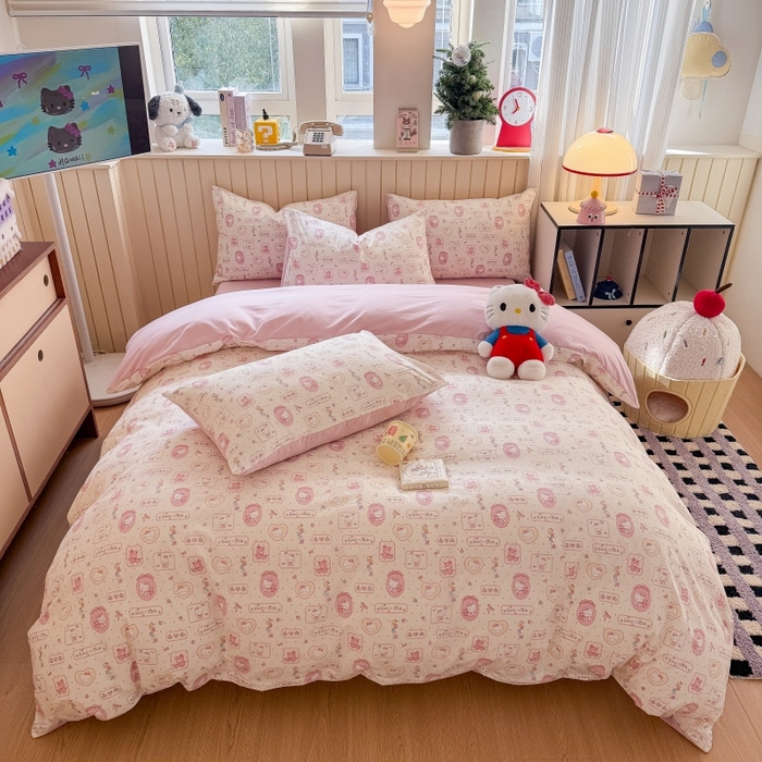 91家纺网 家纺一手货源 找家纺 鑫佳居 2026新款古法仿棉小清新印花单被套 k蒂猫