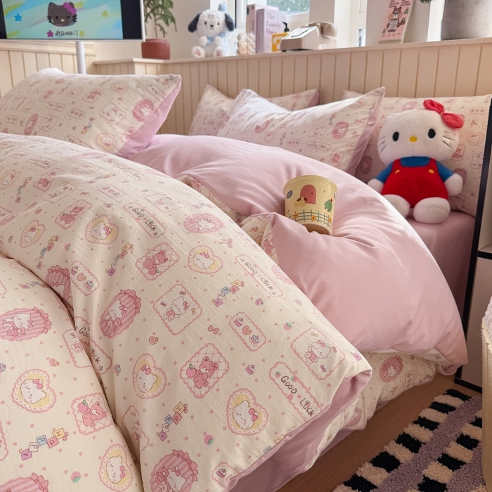 91家纺网 家纺一手货源 找家纺 鑫佳居 2026新款古法仿棉小清新印花单被套 k蒂猫