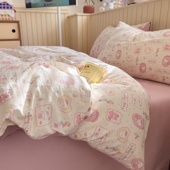 91家纺网 家纺一手货源 找家纺 鑫佳居 2026新款古法仿棉小清新印花单被套 k蒂猫