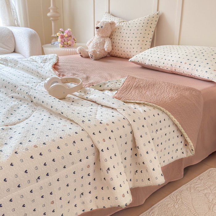 梦舒阳 2026新款泡芙棉夏被花边款泡芙纱夏凉被四件套空调被带小熊吊牌 幸运