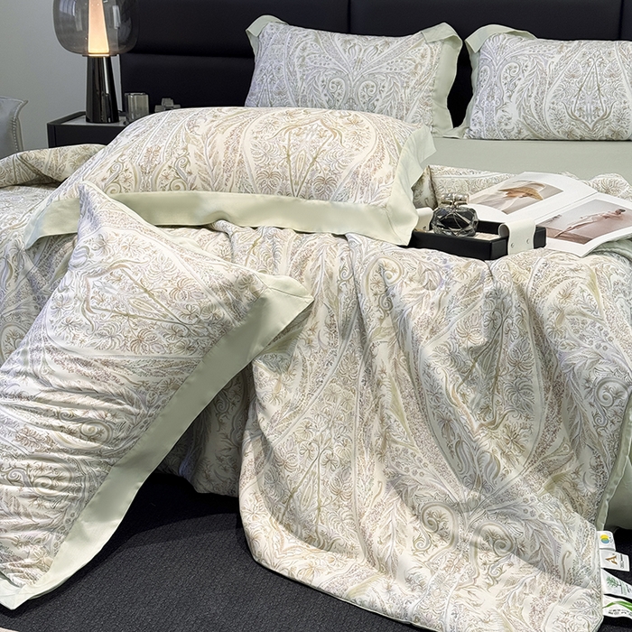 91家纺网 家纺一手货源 找家纺 玉相逢 2026春夏新款莱赛尔天丝夏被嵌绳款数码印花单夏被夏被四件套 莉格西塔