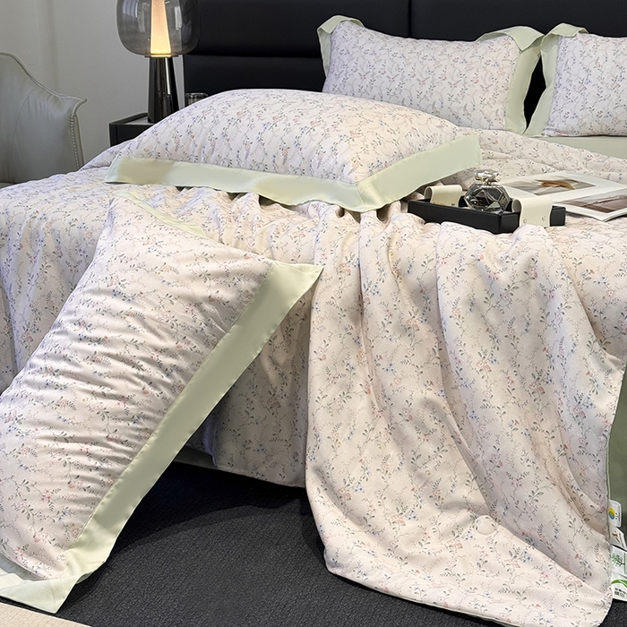 91家纺网 家纺一手货源 找家纺 玉相逢 2026春夏新款莱赛尔天丝夏被嵌绳款数码印花单夏被夏被四件套 浅知