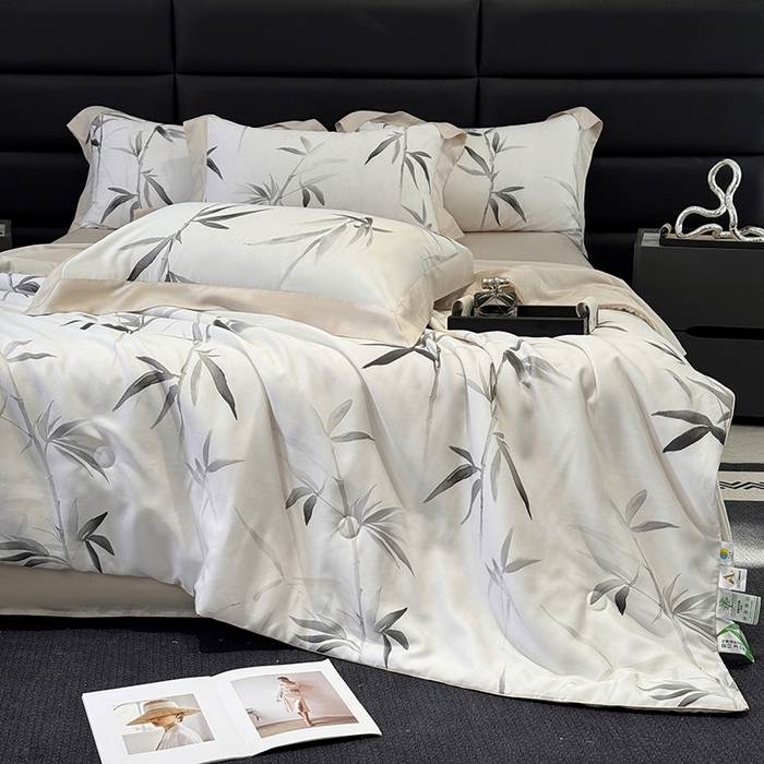 91家纺网 家纺一手货源 找家纺 玉相逢 2026春夏新款莱赛尔天丝夏被嵌绳款数码印花单夏被夏被四件套 轻蔓竹