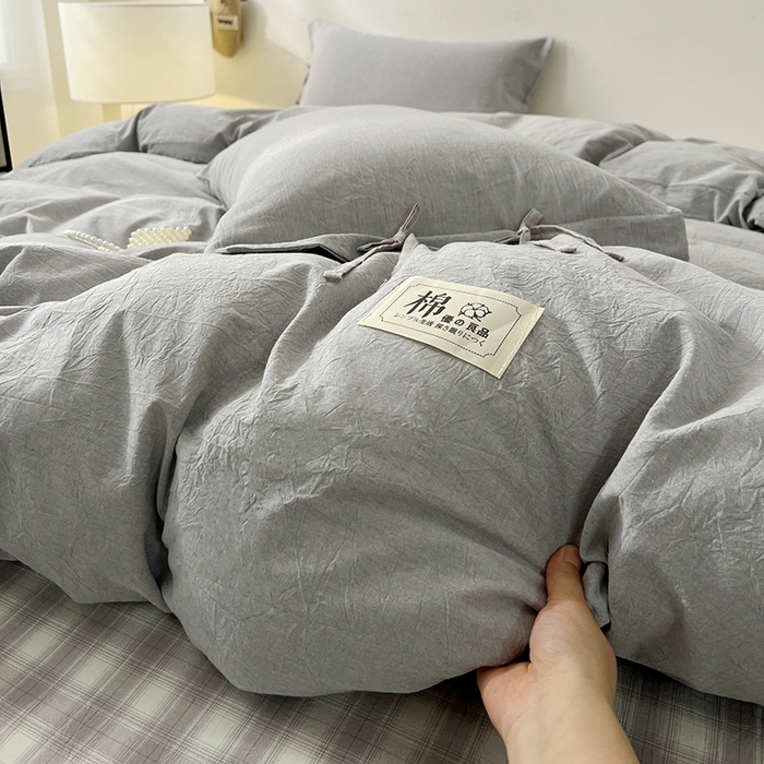 91家纺网 家纺一手货源 找家纺 麦朵家居 2026色织全棉水洗棉四件套简约系列无印风床笠单被套长绒棉套件 简约-灰