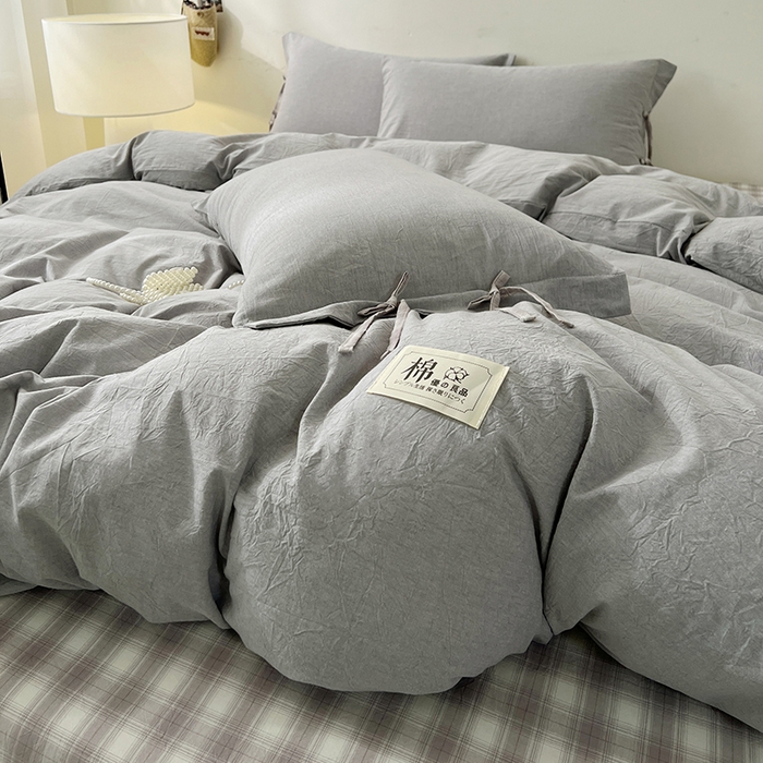 91家纺网 家纺一手货源 找家纺 麦朵家居 2026色织全棉水洗棉四件套简约系列无印风床笠单被套长绒棉套件 简约-灰