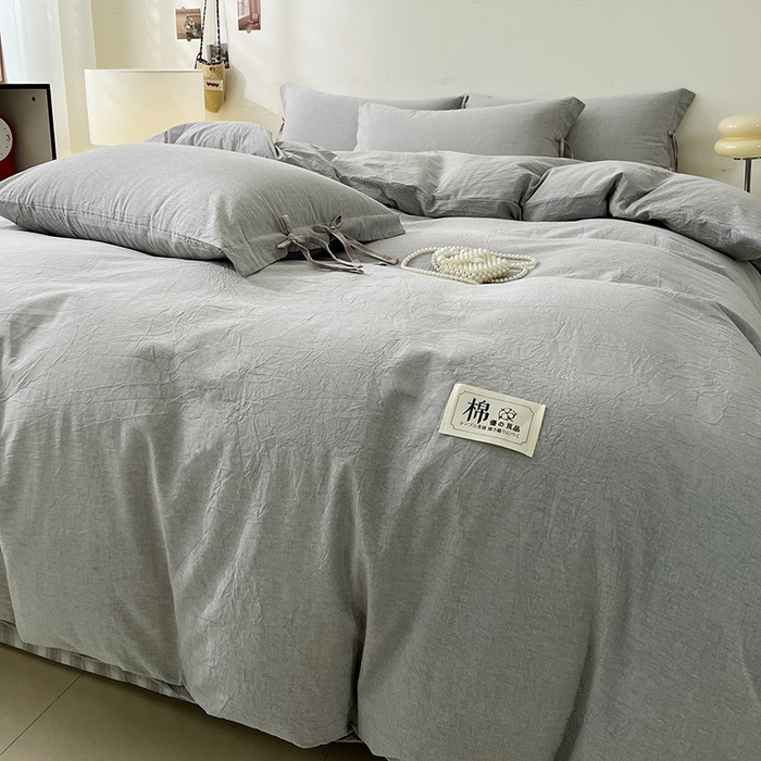 91家纺网 家纺一手货源 找家纺 麦朵家居 2026色织全棉水洗棉四件套简约系列无印风床笠单被套长绒棉套件 简约-灰