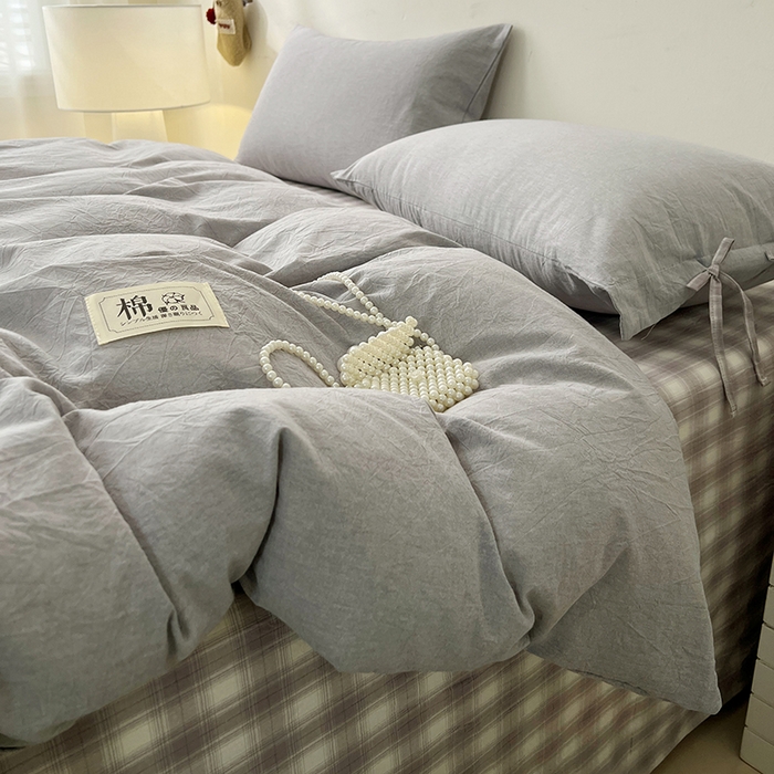 91家纺网 家纺一手货源 找家纺 麦朵家居 2026色织全棉水洗棉四件套简约系列无印风床笠单被套长绒棉套件 简约-灰