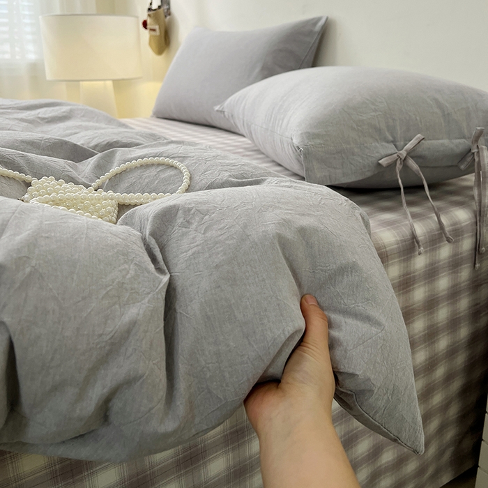 91家纺网 家纺一手货源 找家纺 麦朵家居 2026色织全棉水洗棉四件套简约系列无印风床笠单被套长绒棉套件 简约-灰