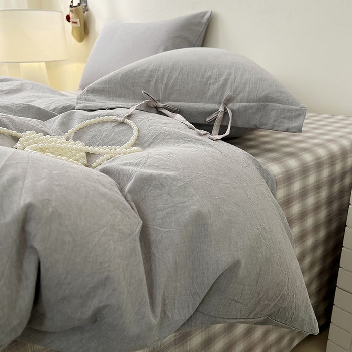 91家纺网 家纺一手货源 找家纺 麦朵家居 2026色织全棉水洗棉四件套简约系列无印风床笠单被套长绒棉套件 简约-灰