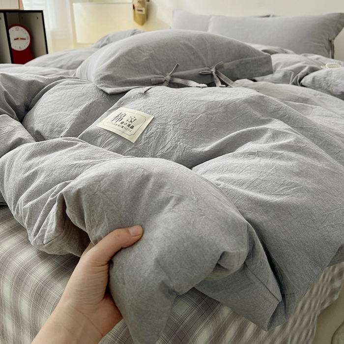91家纺网 家纺一手货源 找家纺 麦朵家居 2026色织全棉水洗棉四件套简约系列无印风床笠单被套长绒棉套件 简约-灰
