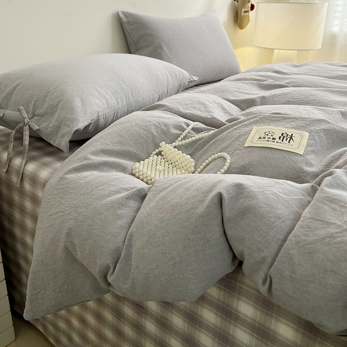91家纺网 家纺一手货源 找家纺 麦朵家居 2026色织全棉水洗棉四件套简约系列无印风床笠单被套长绒棉套件 简约-灰