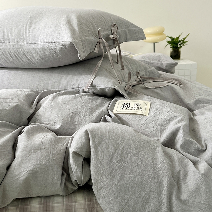 91家纺网 家纺一手货源 找家纺 麦朵家居 2026色织全棉水洗棉四件套简约系列无印风床笠单被套长绒棉套件 简约-灰