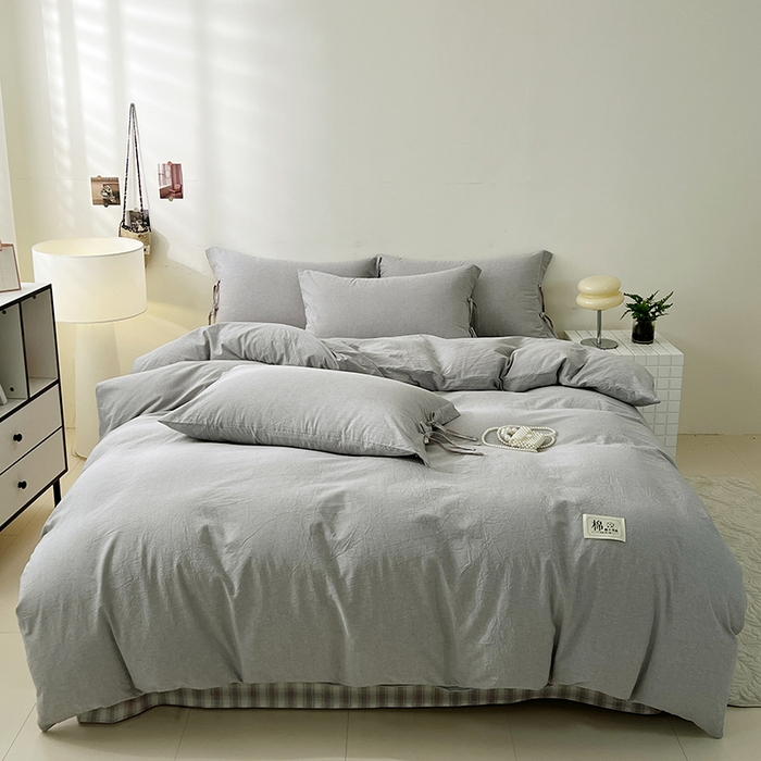 91家纺网 家纺一手货源 找家纺 麦朵家居 2026色织全棉水洗棉四件套简约系列无印风床笠单被套长绒棉套件 简约-灰