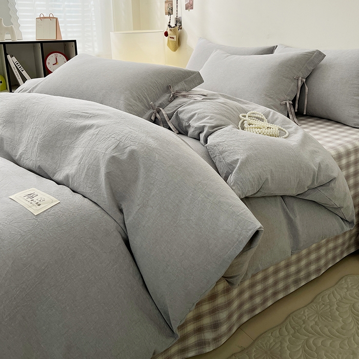 麦朵家居 2026色织全棉水洗棉四件套简约系列无印风床笠单被套长绒棉套件 简约-灰