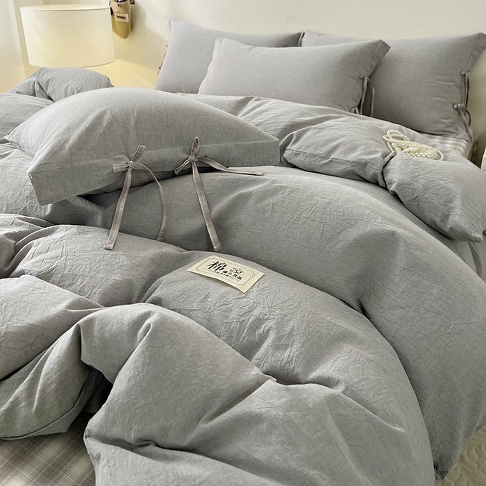 91家纺网 家纺一手货源 找家纺 麦朵家居 2026色织全棉水洗棉四件套简约系列无印风床笠单被套长绒棉套件 简约-灰