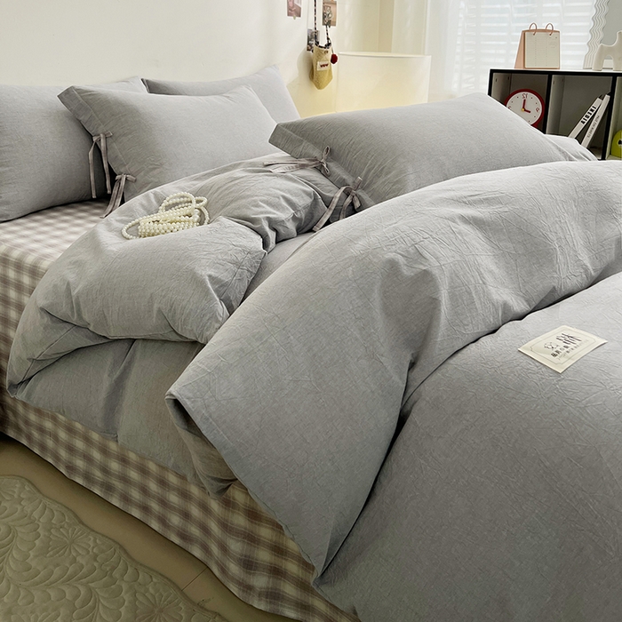 91家纺网 家纺一手货源 找家纺 麦朵家居 2026色织全棉水洗棉四件套简约系列无印风床笠单被套长绒棉套件 简约-灰