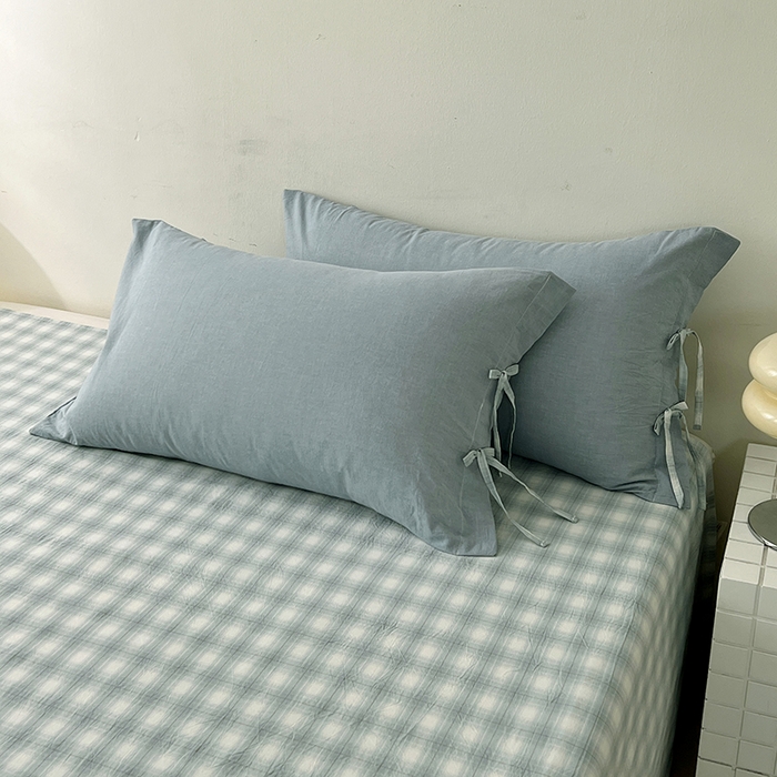 91家纺网 家纺一手货源 找家纺 麦朵家居 2026色织全棉水洗棉四件套简约系列无印风床笠单被套长绒棉套件 简约-兰