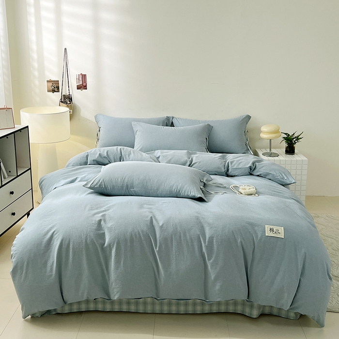 91家纺网 家纺一手货源 找家纺 麦朵家居 2026色织全棉水洗棉四件套简约系列无印风床笠单被套长绒棉套件 简约-兰