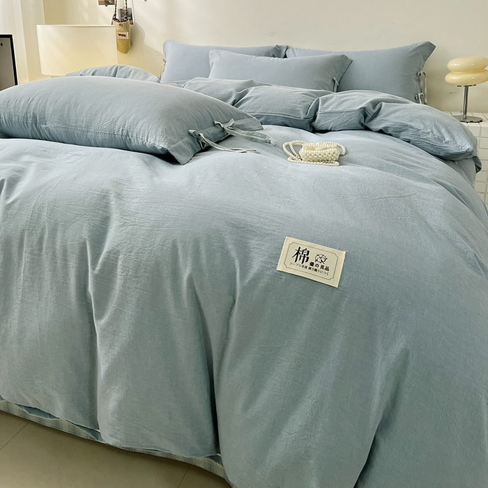 91家纺网 家纺一手货源 找家纺 麦朵家居 2026色织全棉水洗棉四件套简约系列无印风床笠单被套长绒棉套件 简约-兰