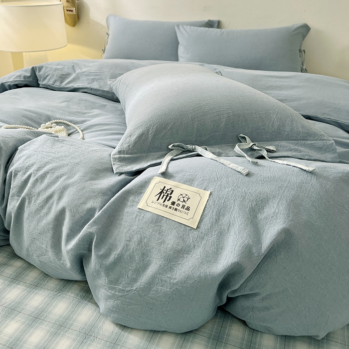 91家纺网 家纺一手货源 找家纺 麦朵家居 2026色织全棉水洗棉四件套简约系列无印风床笠单被套长绒棉套件 简约-兰