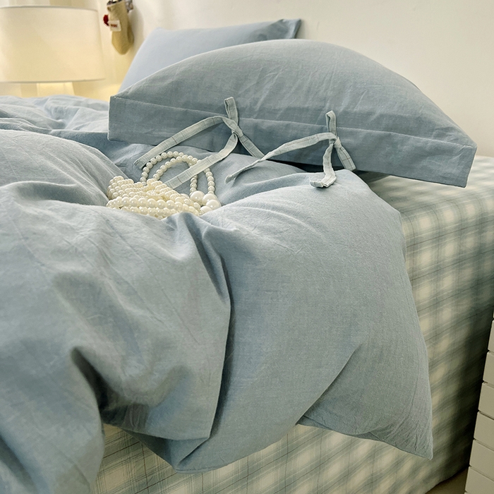 91家纺网 家纺一手货源 找家纺 麦朵家居 2026色织全棉水洗棉四件套简约系列无印风床笠单被套长绒棉套件 简约-兰