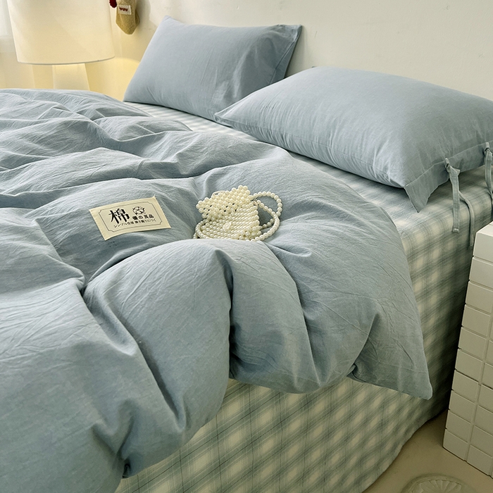 91家纺网 家纺一手货源 找家纺 麦朵家居 2026色织全棉水洗棉四件套简约系列无印风床笠单被套长绒棉套件 简约-兰