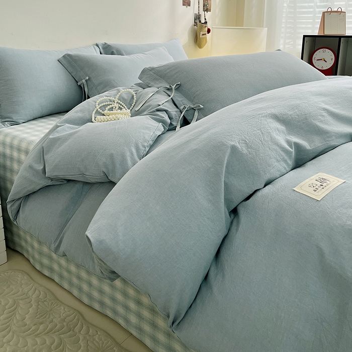 91家纺网 家纺一手货源 找家纺 麦朵家居 2026色织全棉水洗棉四件套简约系列无印风床笠单被套长绒棉套件 简约-兰