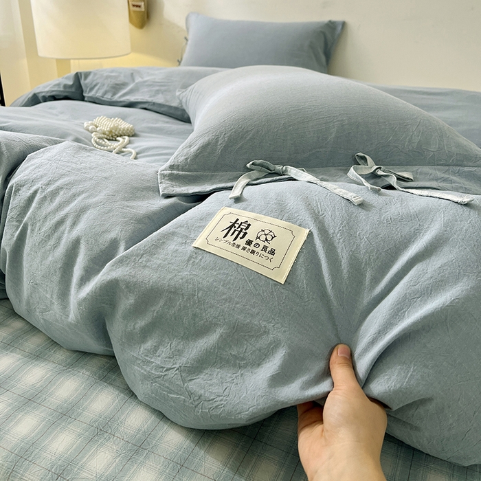 91家纺网 家纺一手货源 找家纺 麦朵家居 2026色织全棉水洗棉四件套简约系列无印风床笠单被套长绒棉套件 简约-兰