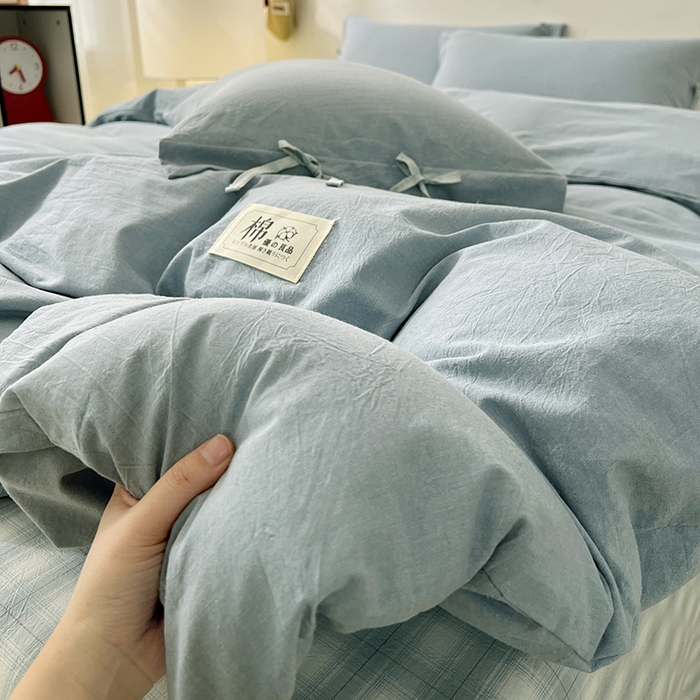 91家纺网 家纺一手货源 找家纺 麦朵家居 2026色织全棉水洗棉四件套简约系列无印风床笠单被套长绒棉套件 简约-兰