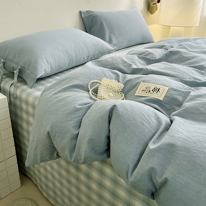 91家纺网 家纺一手货源 找家纺 麦朵家居 2026色织全棉水洗棉四件套简约系列无印风床笠单被套长绒棉套件 简约-兰