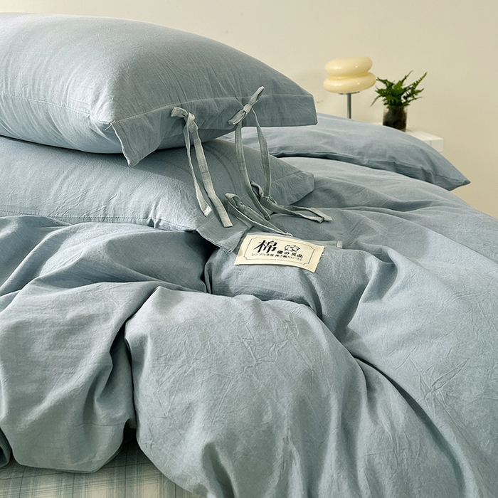 91家纺网 家纺一手货源 找家纺 麦朵家居 2026色织全棉水洗棉四件套简约系列无印风床笠单被套长绒棉套件 简约-兰