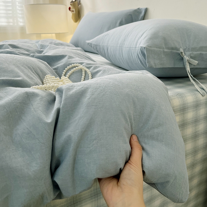 91家纺网 家纺一手货源 找家纺 麦朵家居 2026色织全棉水洗棉四件套简约系列无印风床笠单被套长绒棉套件 简约-兰