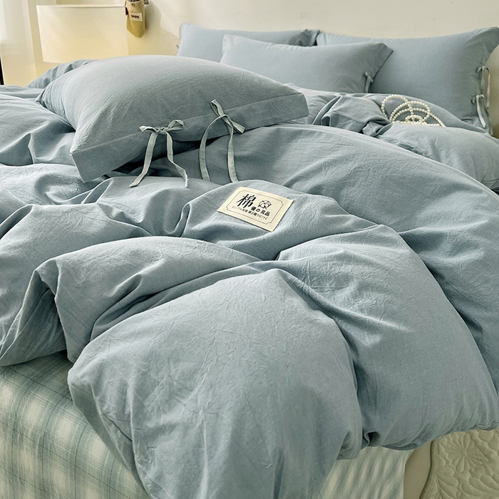 91家纺网 家纺一手货源 找家纺 麦朵家居 2026色织全棉水洗棉四件套简约系列无印风床笠单被套长绒棉套件 简约-兰