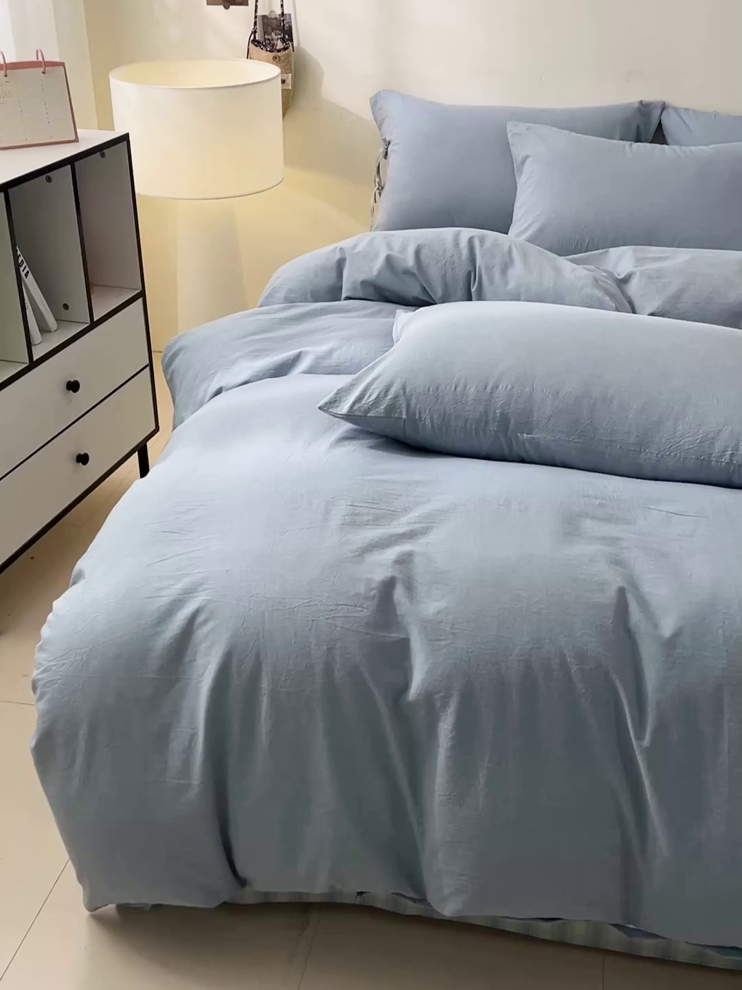 91家纺网 家纺一手货源 找家纺 麦朵家居 2026色织全棉水洗棉四件套简约系列无印风床笠单被套长绒棉套件 简约-兰