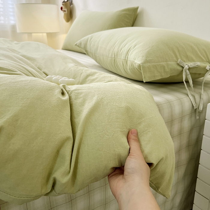 91家纺网 家纺一手货源 找家纺 麦朵家居 2026色织全棉水洗棉四件套简约系列无印风床笠单被套长绒棉套件 简约-绿