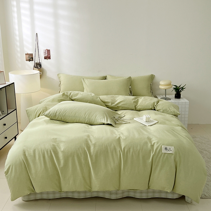 91家纺网 家纺一手货源 找家纺 麦朵家居 2026色织全棉水洗棉四件套简约系列无印风床笠单被套长绒棉套件 简约-绿