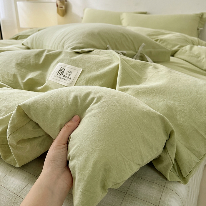 91家纺网 家纺一手货源 找家纺 麦朵家居 2026色织全棉水洗棉四件套简约系列无印风床笠单被套长绒棉套件 简约-绿