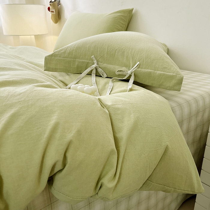 91家纺网 家纺一手货源 找家纺 麦朵家居 2026色织全棉水洗棉四件套简约系列无印风床笠单被套长绒棉套件 简约-绿