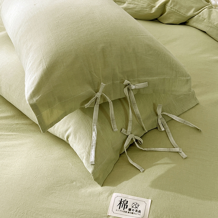 91家纺网 家纺一手货源 找家纺 麦朵家居 2026色织全棉水洗棉四件套简约系列无印风床笠单被套长绒棉套件 简约-绿