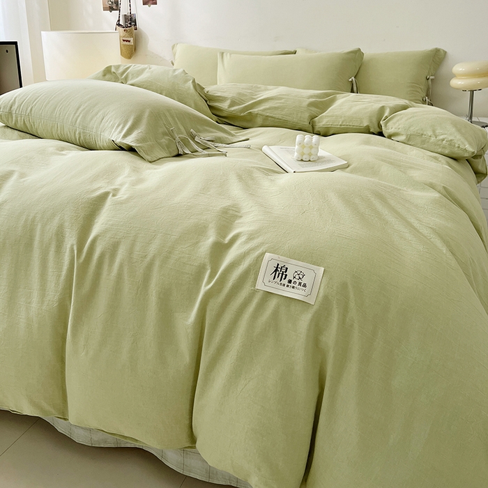 91家纺网 家纺一手货源 找家纺 麦朵家居 2026色织全棉水洗棉四件套简约系列无印风床笠单被套长绒棉套件 简约-绿