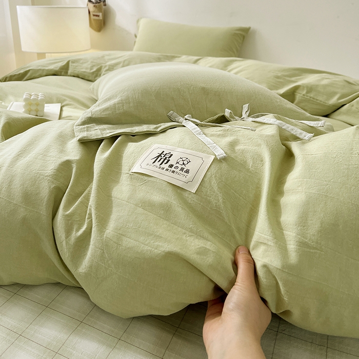 91家纺网 家纺一手货源 找家纺 麦朵家居 2026色织全棉水洗棉四件套简约系列无印风床笠单被套长绒棉套件 简约-绿
