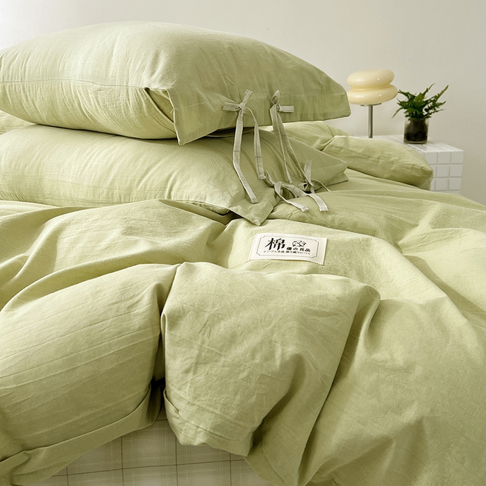 91家纺网 家纺一手货源 找家纺 麦朵家居 2026色织全棉水洗棉四件套简约系列无印风床笠单被套长绒棉套件 简约-绿