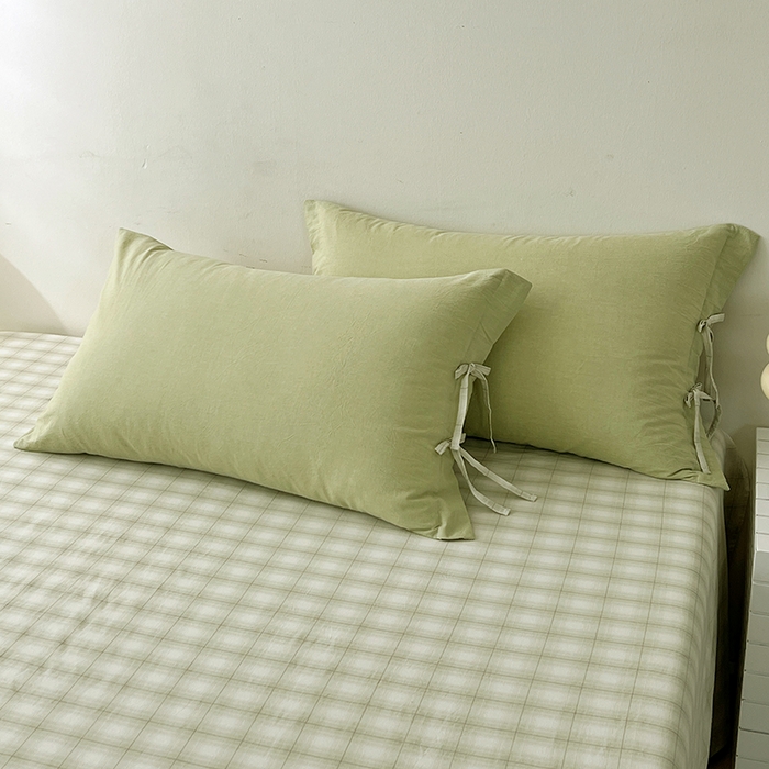 91家纺网 家纺一手货源 找家纺 麦朵家居 2026色织全棉水洗棉四件套简约系列无印风床笠单被套长绒棉套件 简约-绿