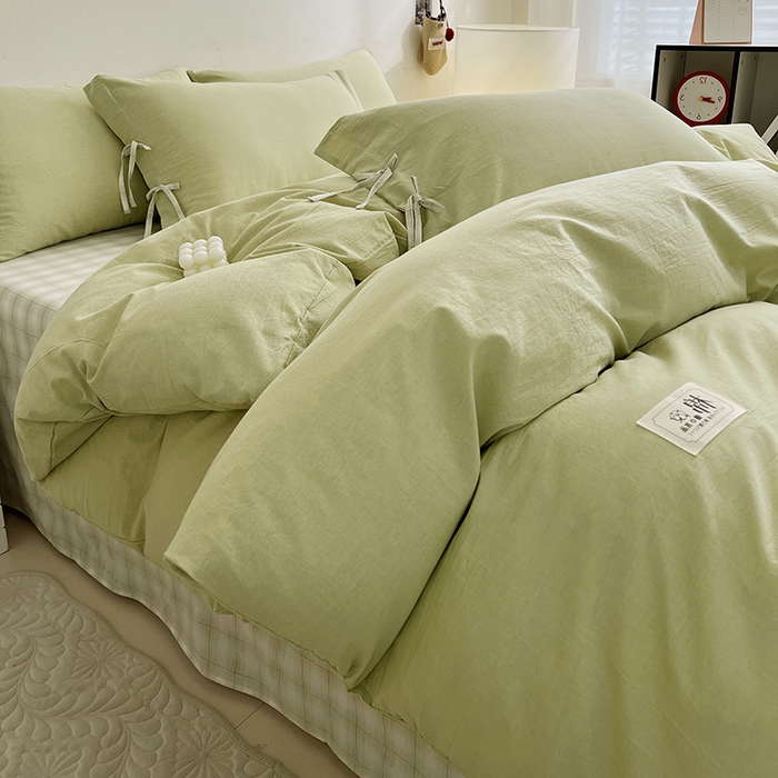 91家纺网 家纺一手货源 找家纺 麦朵家居 2026色织全棉水洗棉四件套简约系列无印风床笠单被套长绒棉套件 简约-绿