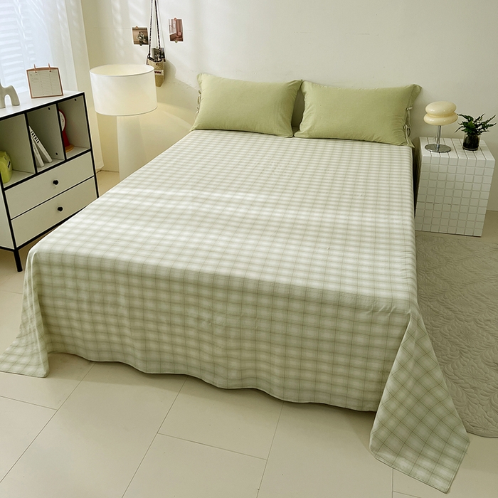 91家纺网 家纺一手货源 找家纺 麦朵家居 2026色织全棉水洗棉四件套简约系列无印风床笠单被套长绒棉套件 简约-绿