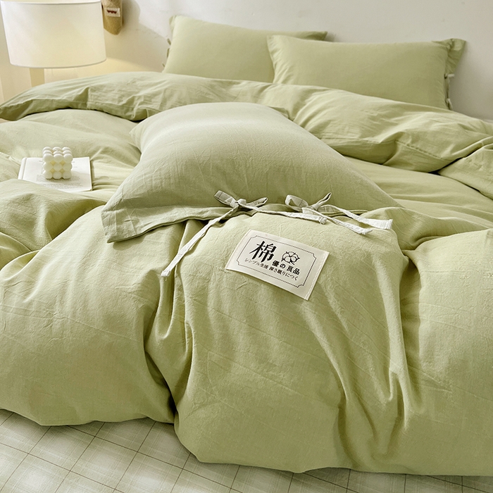 91家纺网 家纺一手货源 找家纺 麦朵家居 2026色织全棉水洗棉四件套简约系列无印风床笠单被套长绒棉套件 简约-绿